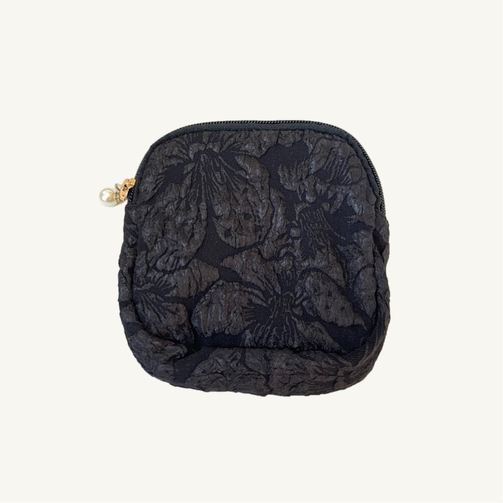 New Small Black Floral Print Zippered Bag 5.5"x4" with Pearl Detail